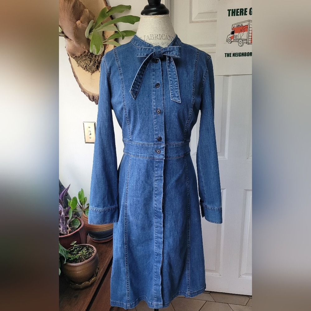 Madewell Denim Tie Neck Shirtdress Button Front Jean Dress Size 12 - Picture 6 of 13